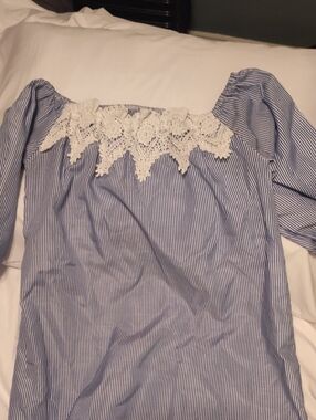 Striped Blue Dress with White Lace Trim